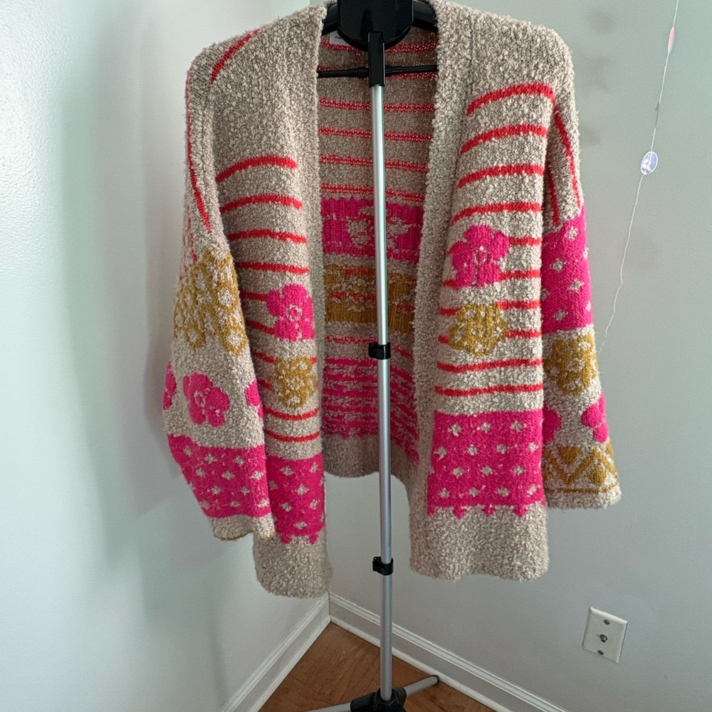 Natural Life Calla Jacquard Cardigan Cream and Pink Striped Sweater S/M